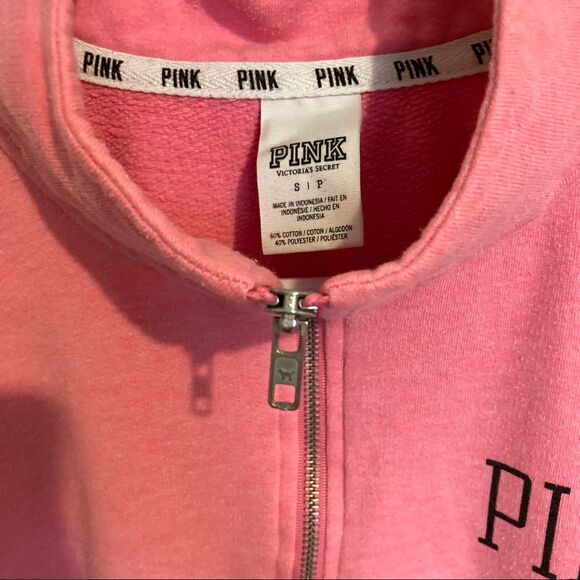 VICTORIAS SECRET PINK Quarter Zip Pink Sweatshirt Collared Womens Small Petite - Picture 9 of 14